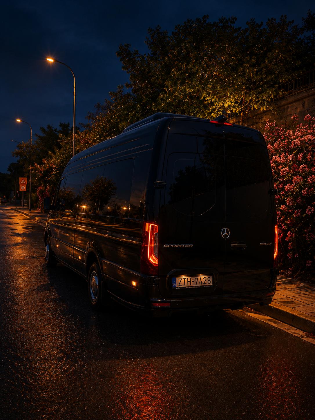 Black Mercedes Sprinter 519 CDI VIP chauffeur service Greece