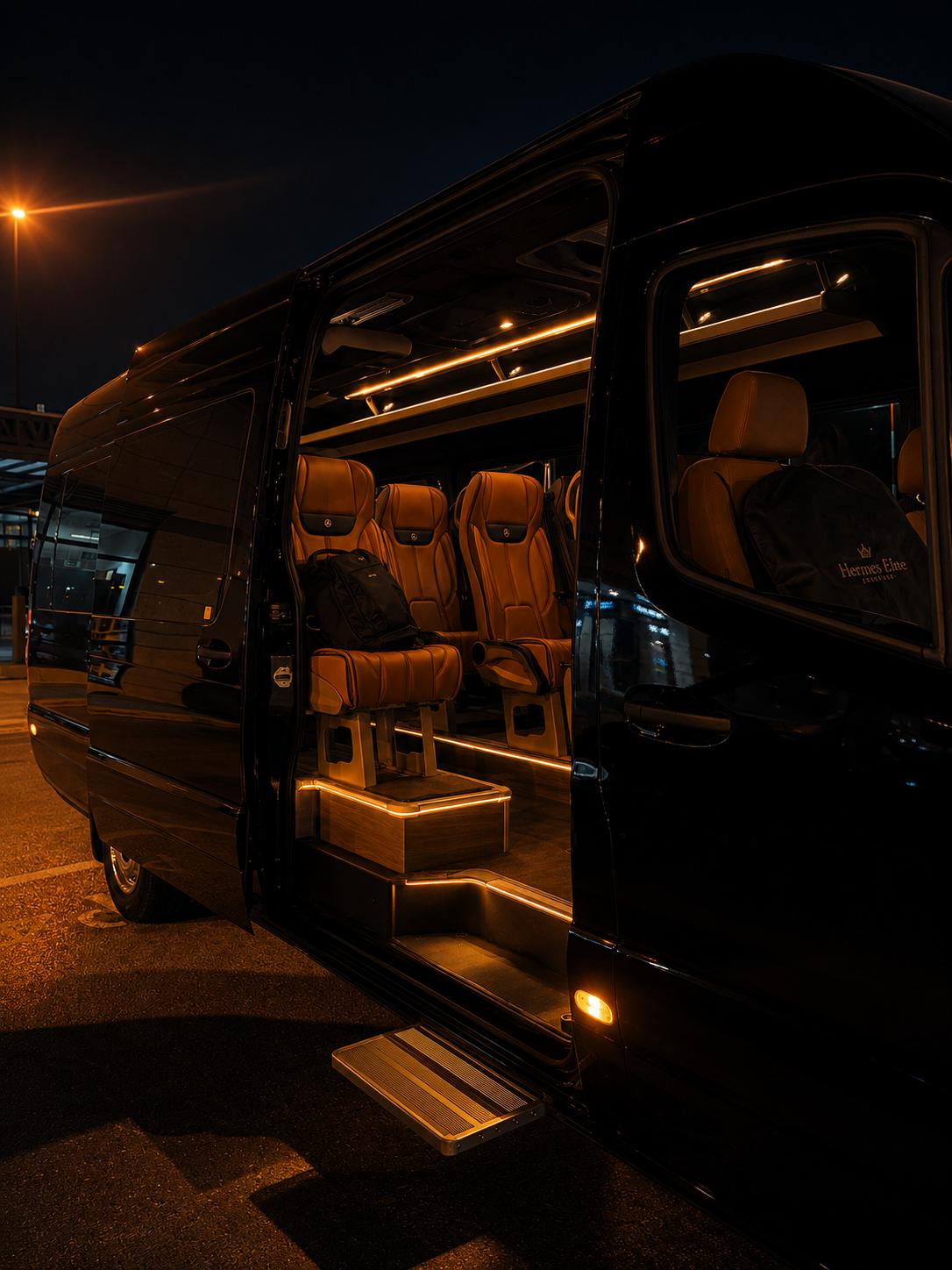 Luxury minibus entry with ambient lighting - Hermes Elite Transfers Greece
